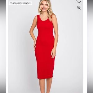 Pink Blush Red Ribbed Fitted Maternity Midi Dress